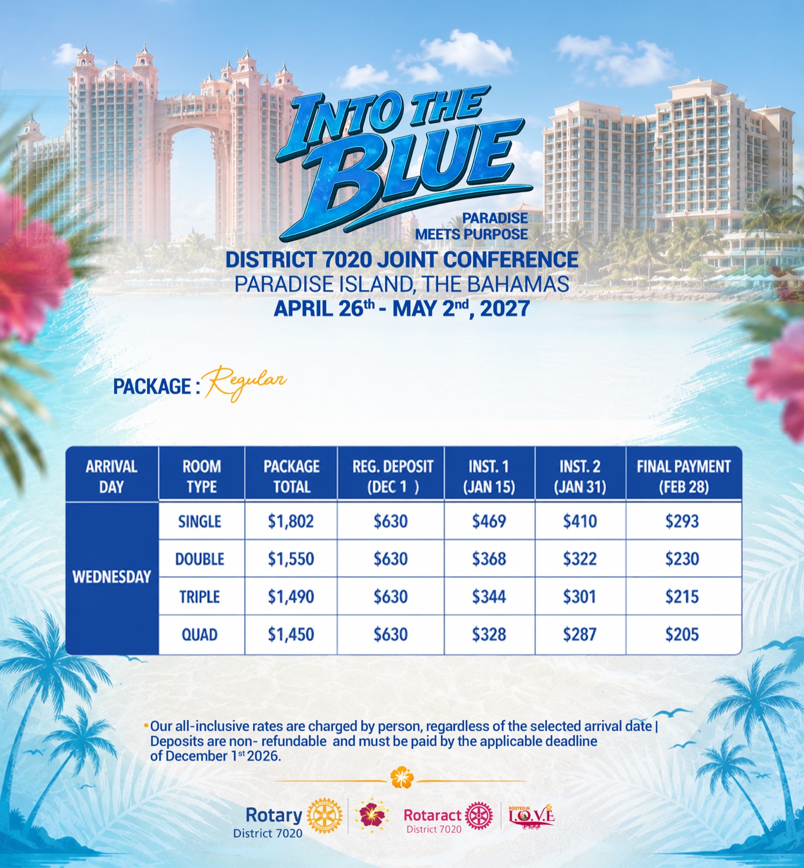 Official pricing flyer — Wednesday Arrival Package