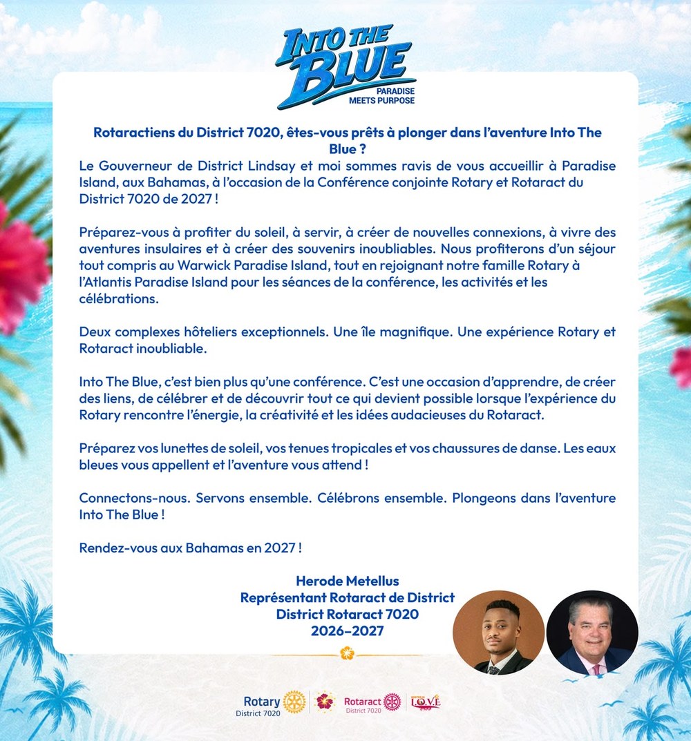 Un message de Herode Metellus, Représentant Rotaract de District, District 7020 — invitant les Rotaractiens à plonger dans Into The Blue